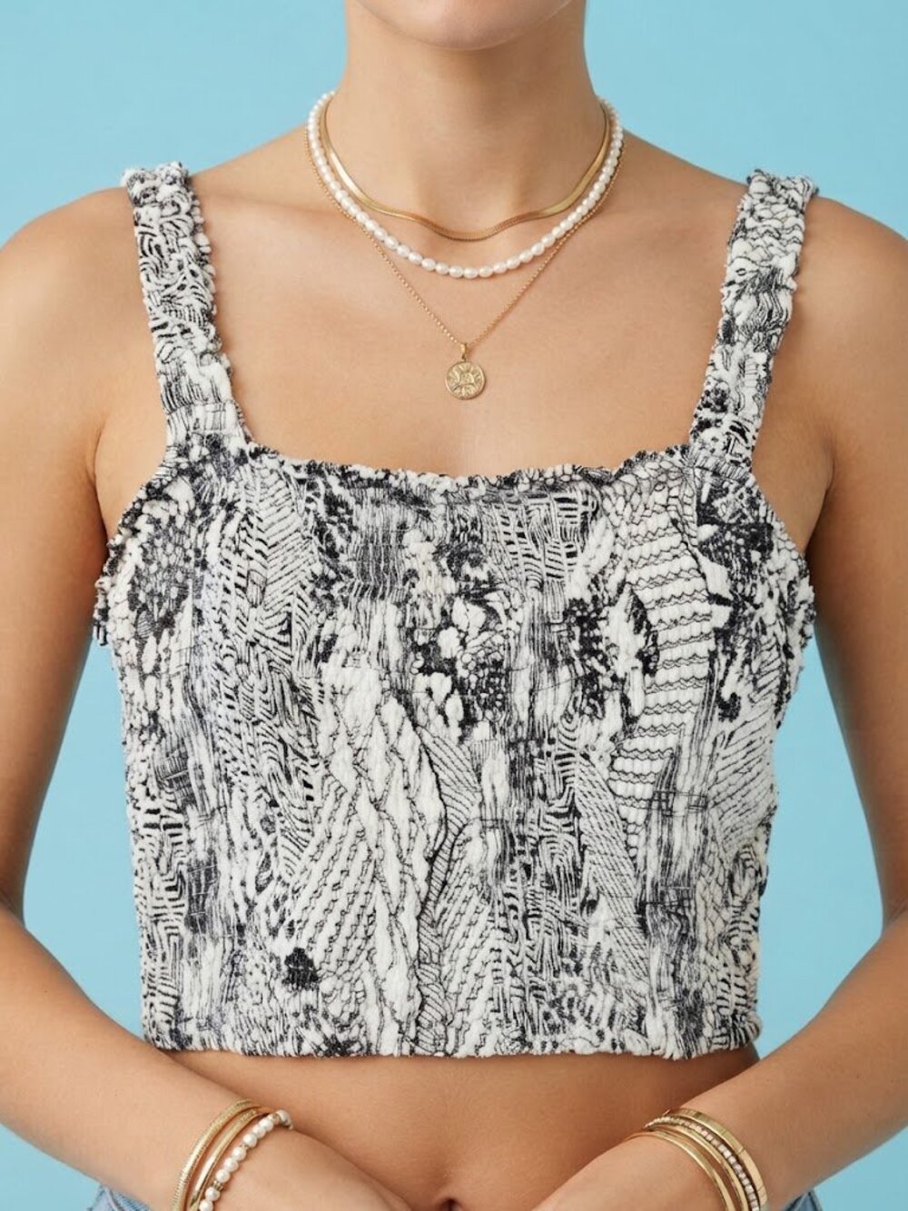 White & Black Abstract Print Tank Crop Top